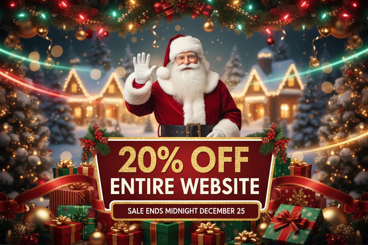 A Christmas theme design with lots of Christmas colors, including Christmas lights in Santa Claus with a bold sign saying 20% off entire website sale ends midnight December 25