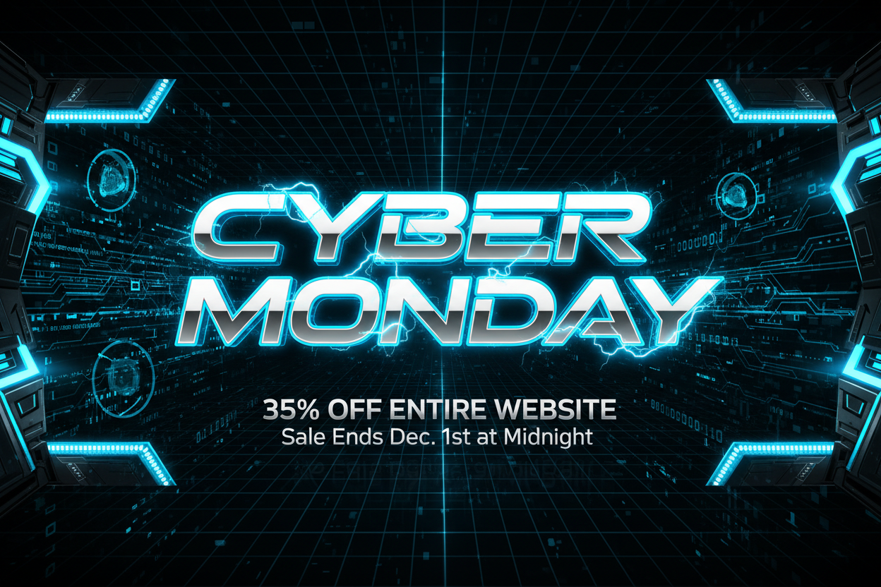 Create a theme for “Cyber Monday” telling customers that the entire website is 35% off in fine print out sale ends Dec. 1st at midnight, make the theme look very robotic and technical look for a cyber Monday sale