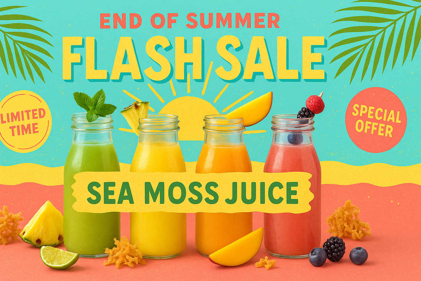 End of the summer Seamoss juice flash sale, make sure it has lots of color images that match theme 