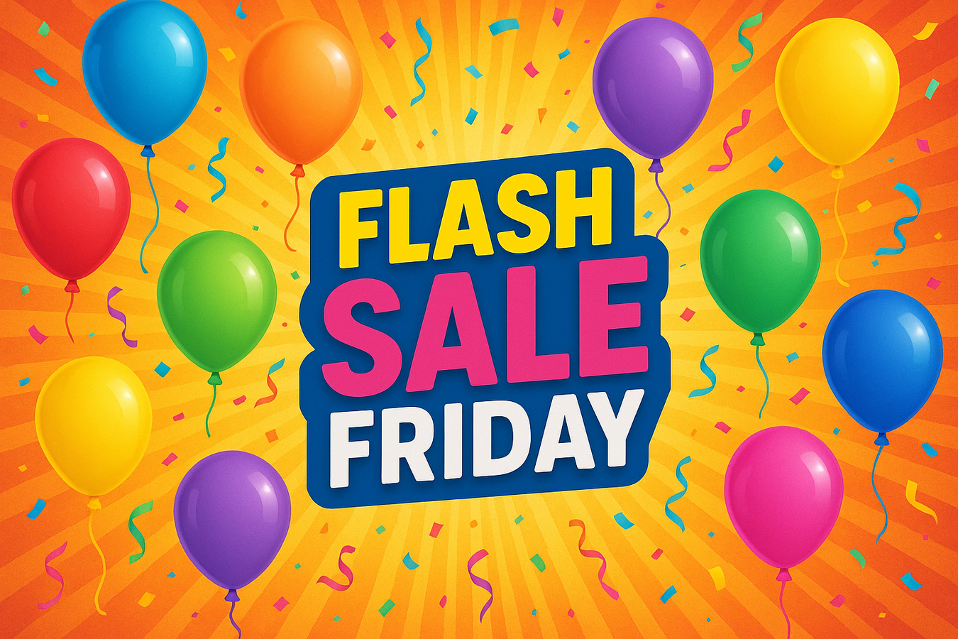 Flash Sale Friday with lots of colors and ballon’s and confetti