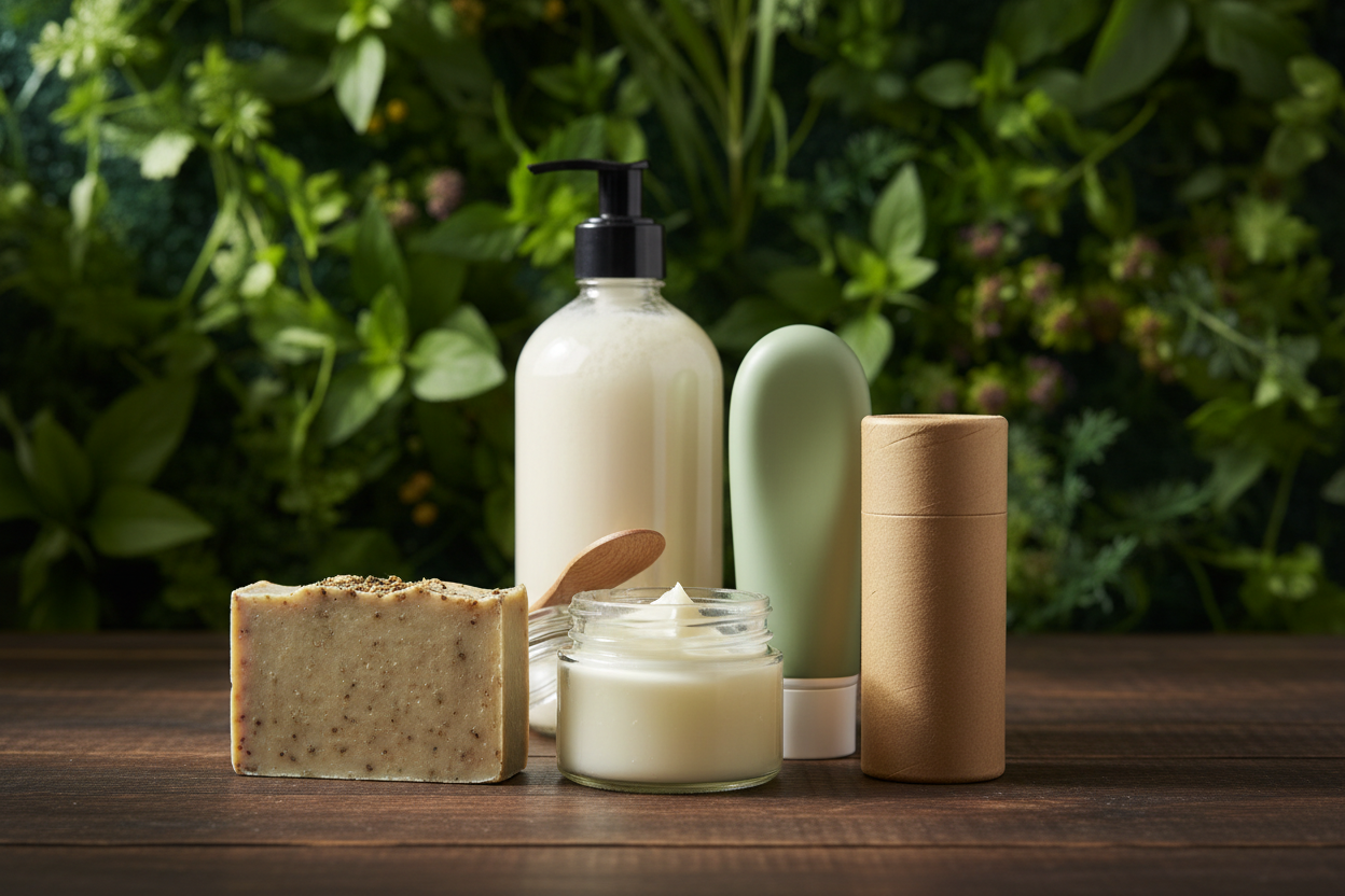 Generate image with a herbal background and have the products laying on a dark wood surface, I want you to create products like herbal soap, Shea, butter, herbal deodorant, herbal toothpaste, herbal body wash, do not put any labels on the product