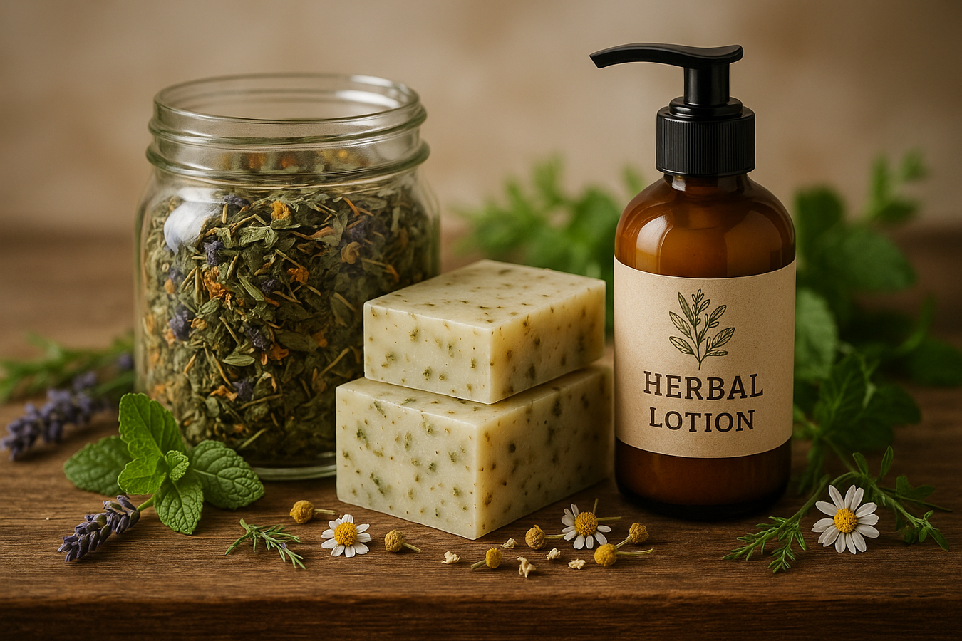 herbal loose leaf tea with herbal soap and herbal lotion